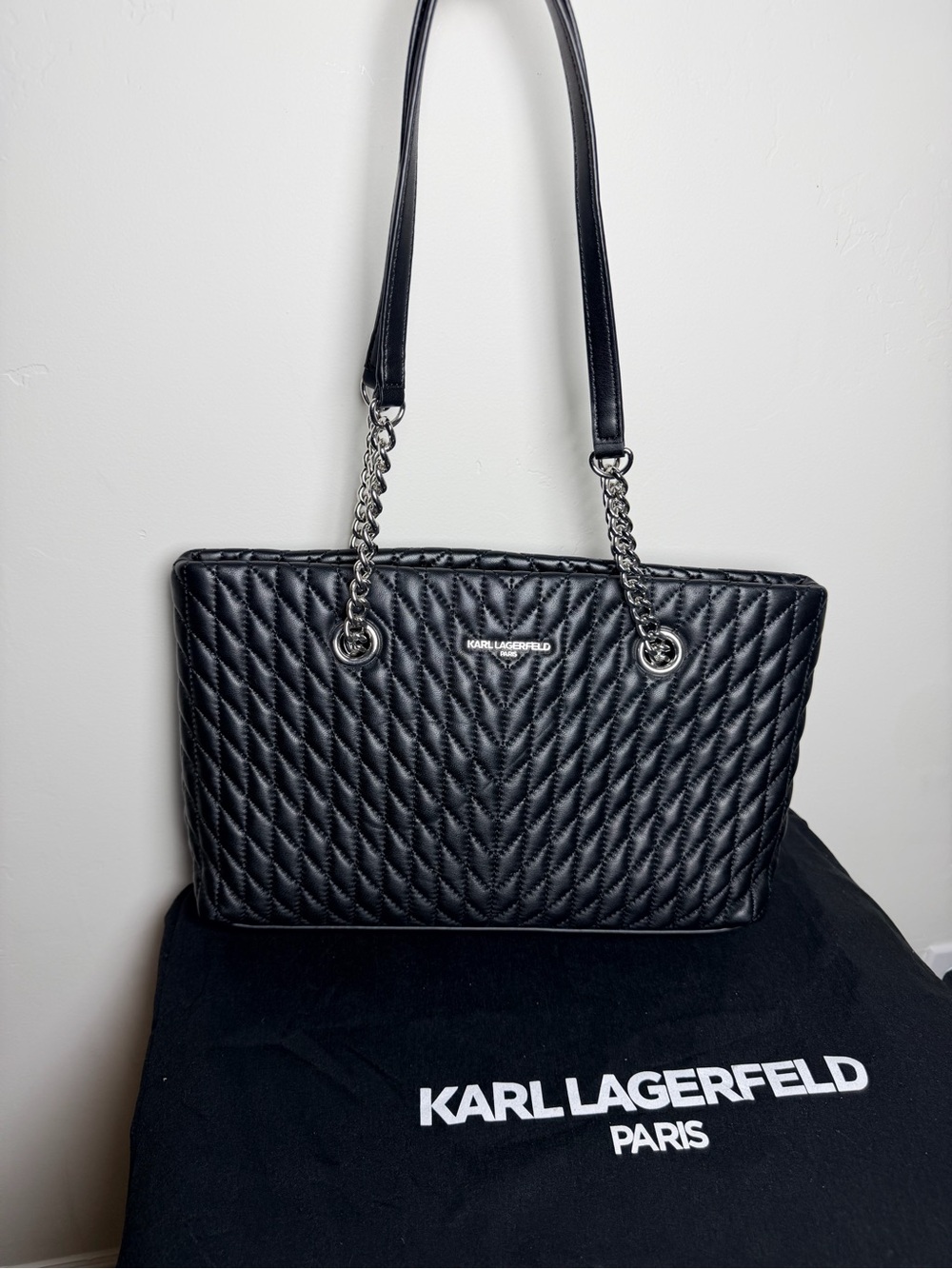 Karl Lagerfeld Black Quilted Tote Silver Chain Straps Paris karolina purse bag - Picture 3 of 8